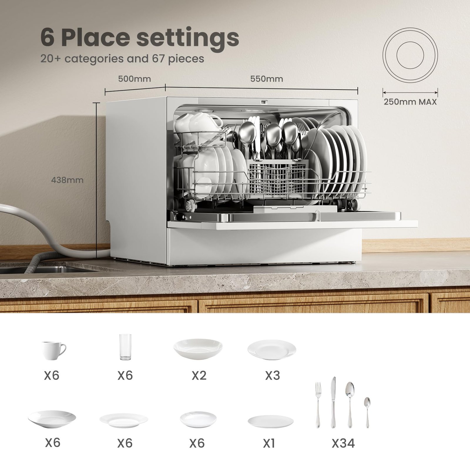 COMFEE' Table Top Dishwasher with 6 Place Settings, Mini Countertop Dishwasher for Small Families, Couples, LED display, Delay Start, 47dB Quiet Noise, White - Image 7