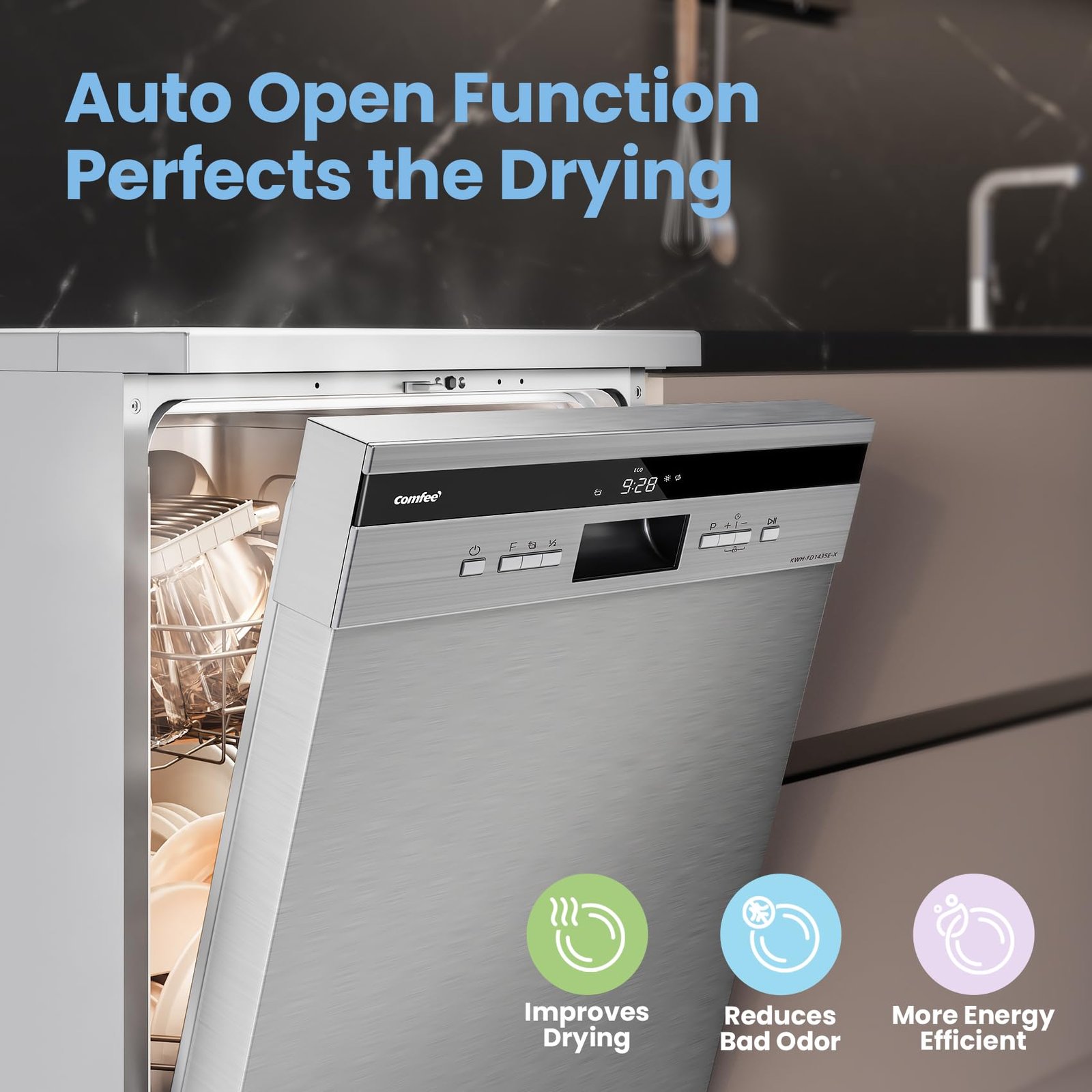 COMFEE' Freestanding Dishwasher FD1435E-X with 14 place settings, Full Size, Whisper Quiet 44dB - Image 6