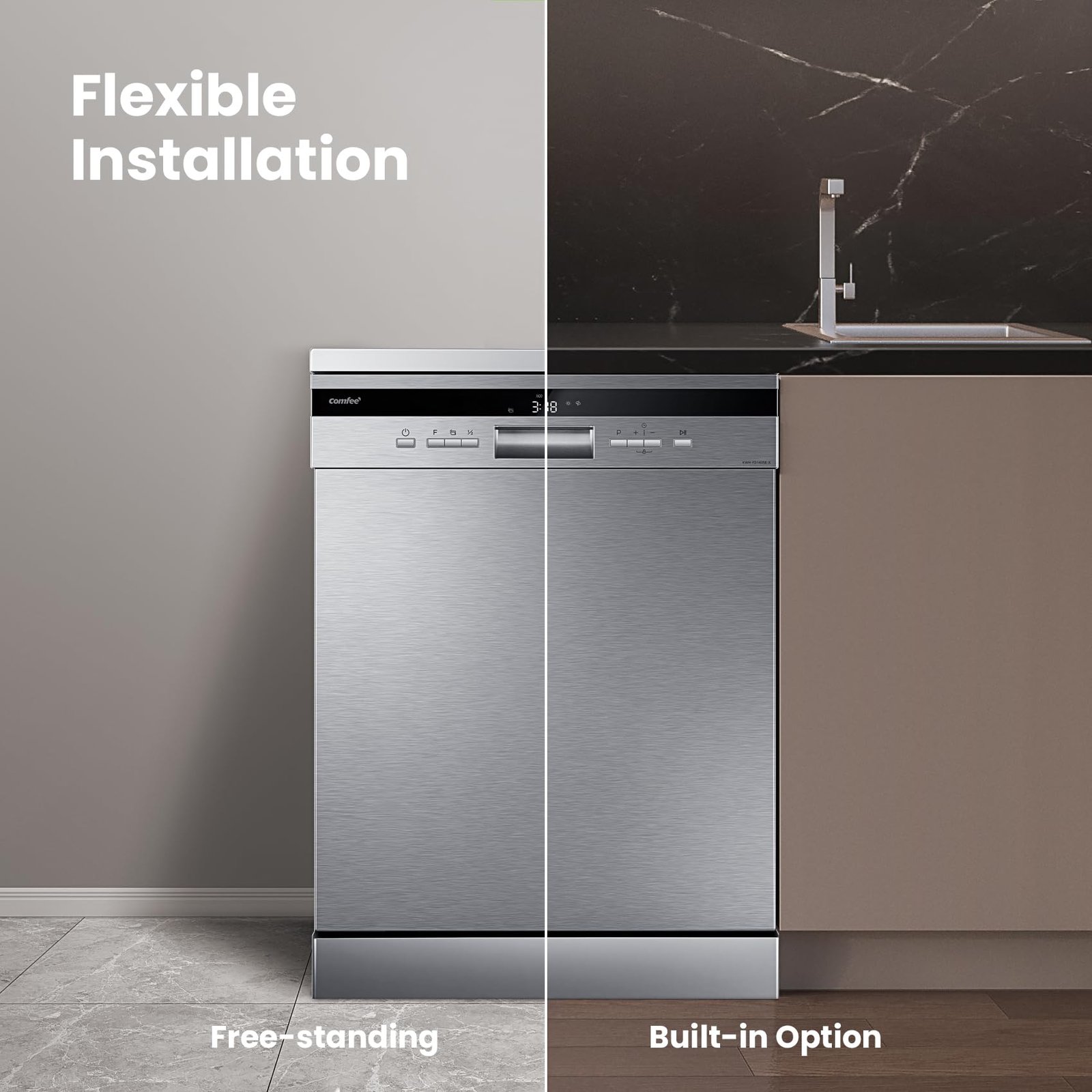 COMFEE' Freestanding Dishwasher FD1435E-X with 14 place settings, Full Size, Whisper Quiet 44dB - Image 3