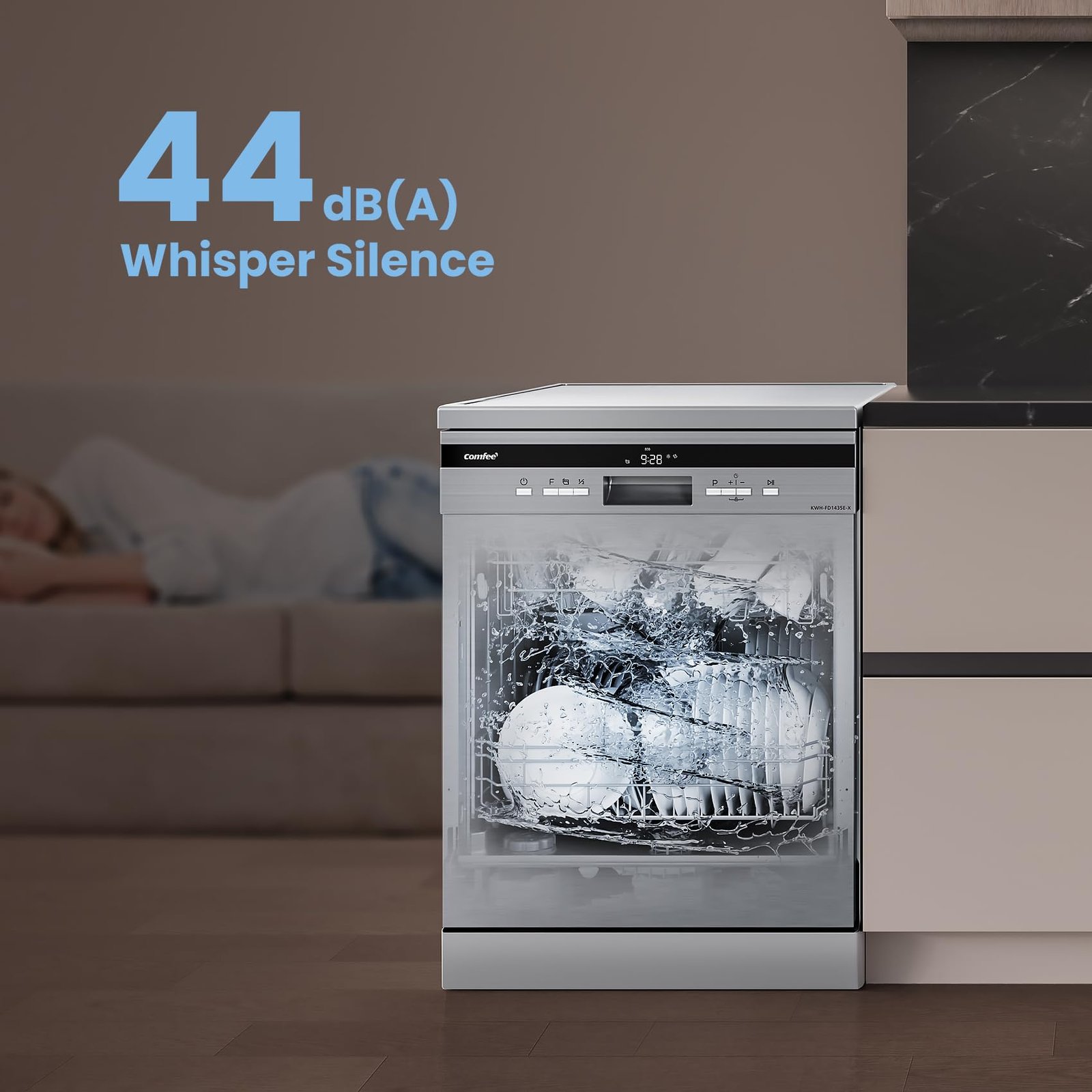 COMFEE' Freestanding Dishwasher FD1435E-X with 14 place settings, Full Size, Whisper Quiet 44dB - Image 5