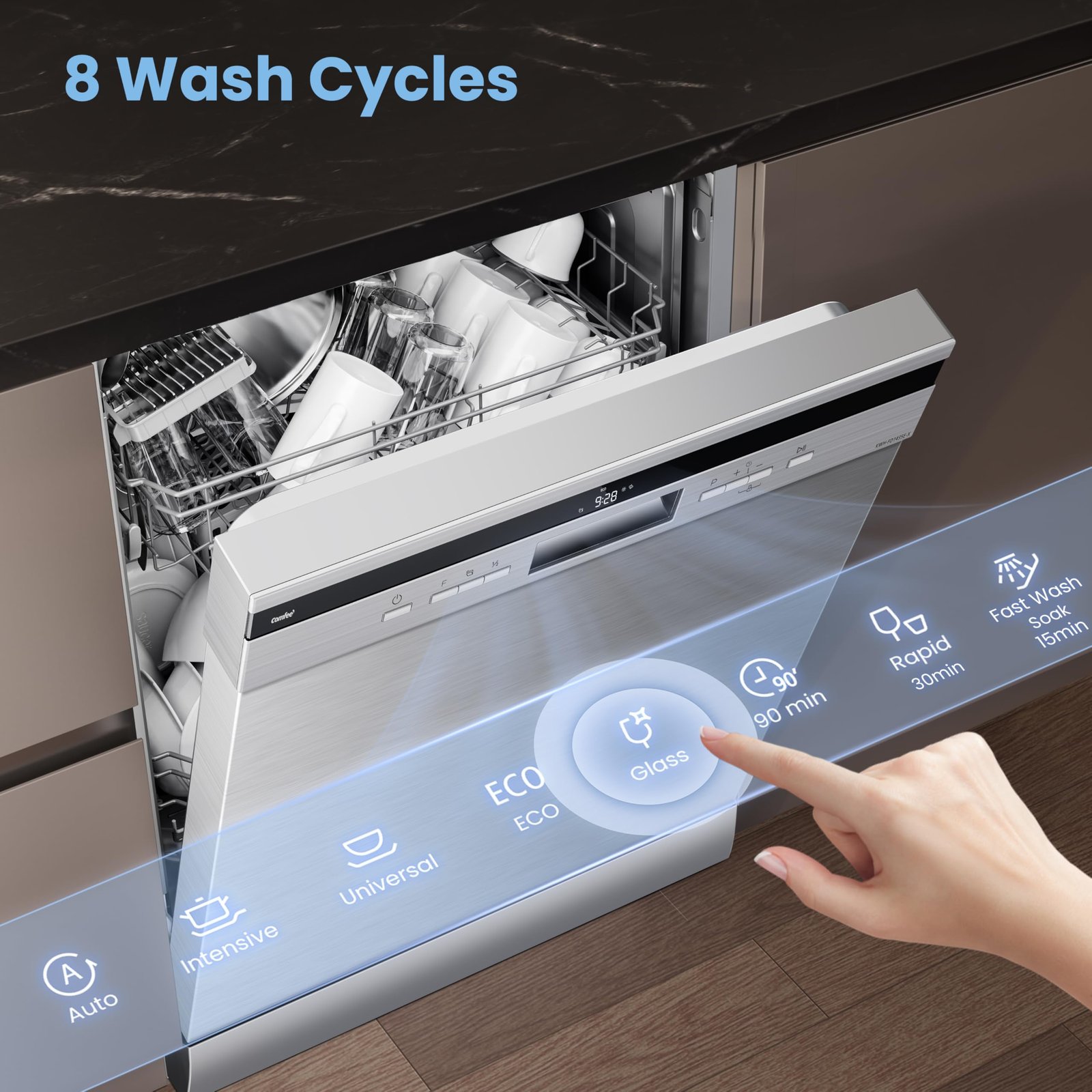 COMFEE' Freestanding Dishwasher FD1435E-X with 14 place settings, Full Size, Whisper Quiet 44dB - Image 4